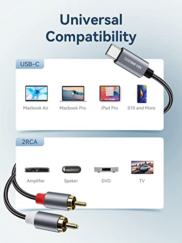 SOOMFON USB C до RCA аудио кабел 6.6FT USB тип Ц до 2 машки RCA адаптер Аудио стерео кабел компатибилен со iPad Pro 2021, Samsung