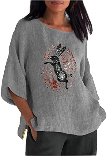 Women'sенски 3/4 ракав Велигденска маица Симпатична зајаче графички маички врвни памучни постелнина лабава случајна влечка подарок за мајка