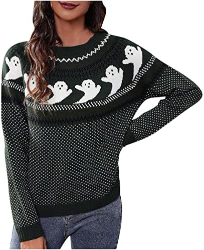 Fzylqy Women'sенски 2022 есенски плетени џемпери симпатична плашлив графички плетен пулвер скокач со долг ракав, џемпер од Jerseyерси Jerseyерси