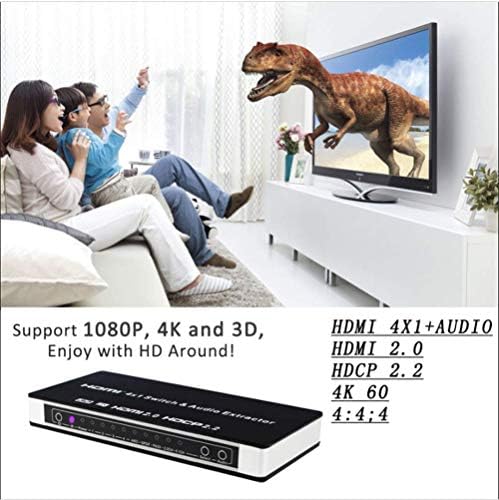 Прекинувач 4K HDMI2.0, 4-порта HDMI 2.0 Switch Box 4x1 со инфрацрвен далечински управувач @ 60Hz HDCP 2.2 ARC 3D HDMI менувач + оптички Toslink L/R аудио екстрактор за PS4, Xbox One, Blu-ray DVD