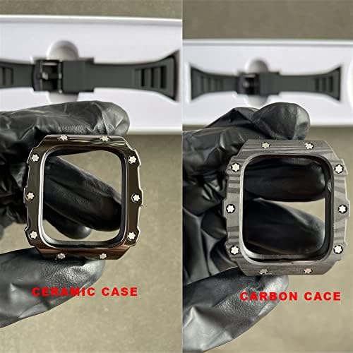 Cnhkau Случај На Јаглеродни Влакна за Модификација На Опсегот На Apple Watch 7 45mm 44mm 41mm Керамичка Рамка Гумен Ремен Мод Комплет