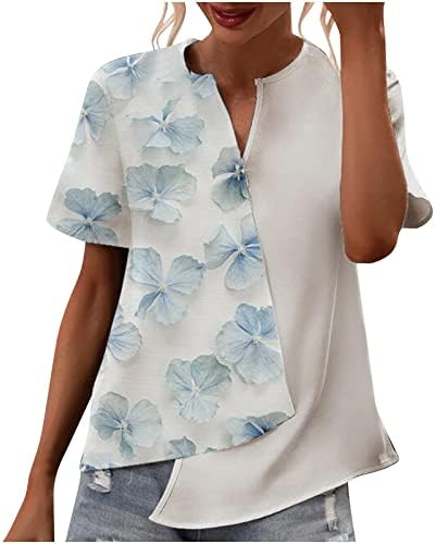 QtthZZr Блузи За Жени Обични Летни Блок Во Боја Кратки Ракави V-Вратот Маици Неправилни Модни Блузи Врвови