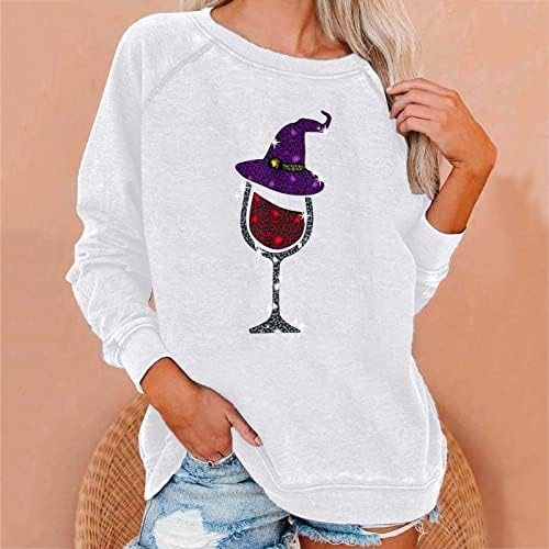 Narhbrg жени врвни симпатични чаши за вино со вештерки, печатено џемпер, пулвер Ноќта на вештерките Божиќ смешно вино lубител на маици маици