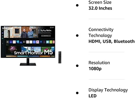 Samsung 32 M50B серија FHD паметен монитор w/стриминг телевизор, 4ms, 60Hz, HDMI, HDR10, Watch Netflix, YouTube и повеќе, Slimfit