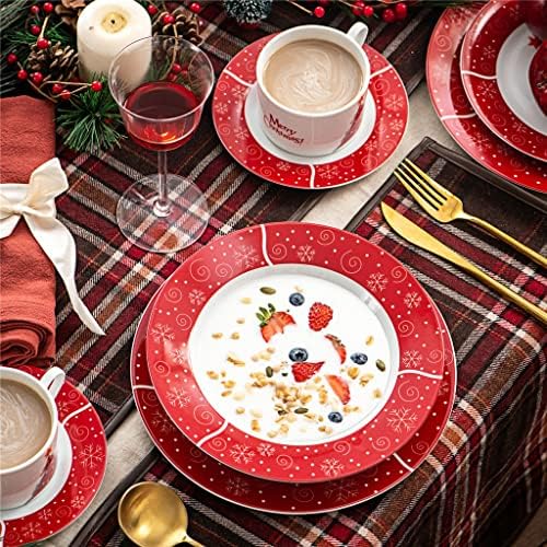 HNKDD 30-парчиња Божиќна шема порцелански сад за вечера со 6*чаша, чинија, чинија за десерт, плоча за супи, поставена за вечера