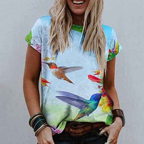 Женски цветни печатени врвови на лето лето лабава вклопени кратки ракави маички со екипаж на графички блузи за дами