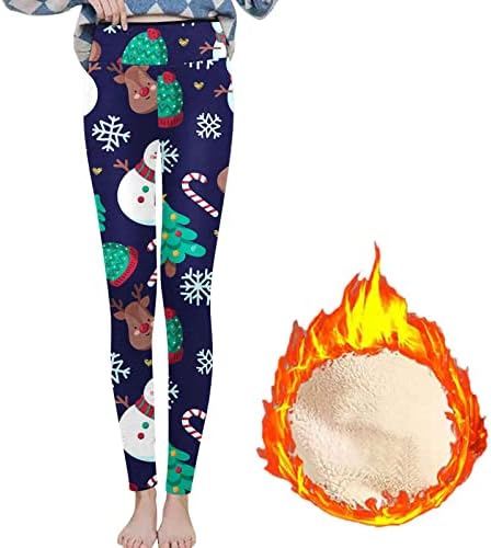 Зимски топли хеланки за жени Еластични термички панталони за нозе, руно, наредени дебели хулахопки, Божиќни печатени панталони дното