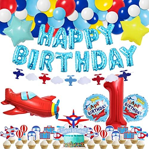 Авиатор Авиатор 1 -ви роденден Декорации Партиски материјали, Авион 1 роденден земајќи лет роденденски банер балони лак комплет, врвови за торта со авиони, време лет