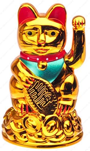 М.В. Трговска батерија управуваше Фенг Шуи Среќа мачка која седи на врвот златна лента со мавтачка рака, 4,50 инчи, бело