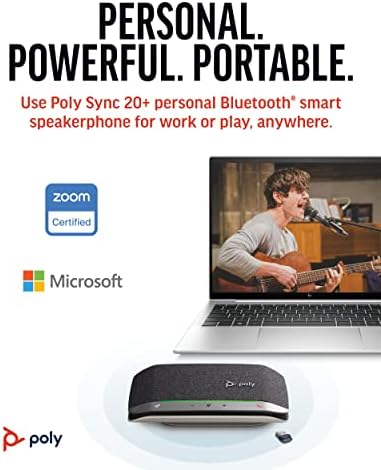 Poly Sync 20+ Личен Bluetooth звучник W/USB -A UC Bluetooth адаптер - Намалување на бучава/ехо - Поврзете се безжично со компјутер/Mac/Мобилен