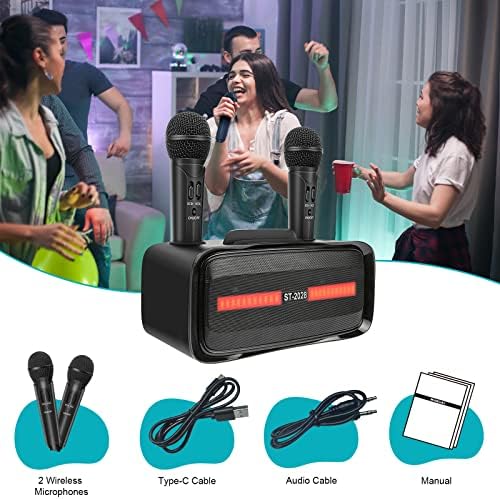 Караоке машина за возрасни и деца со 2 безжични микрофони, преносен Bluetooth караоке микрофон прилагодување пеење на караоке ПА Систем