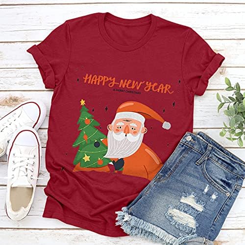 Женски Божиќни кошули, тинејџерски девојки Смешна Божиќна графичка блуза со кратки ракави маица леопард карирана Божиќно дрво од дрво