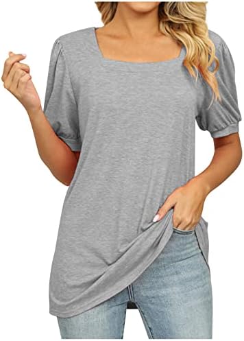 Квадратни кошули на вратот за жени руфли кратки ракави обични лабава лабава вклопена цврста боја маица маички врвови