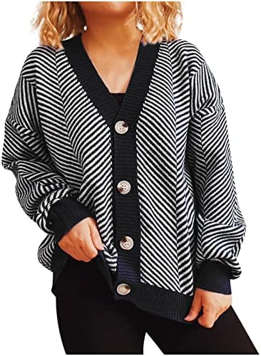 Женски џемпер кардиган отворена предна кабел за надворешна облека плете V-врат со долг ракав есен џемпер кардиган копче преголем плетен плетени