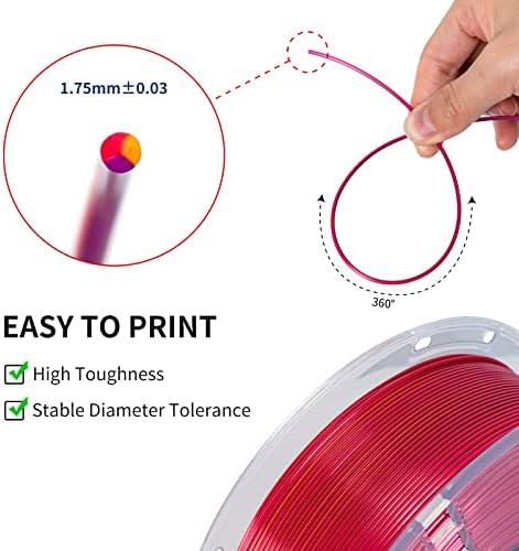Филамент за 3D печатач Tronxy, Tri-Color Coextrusion PLA FILAMENT 1.75mm, свила црвено виолетово злато филамент, 3D филамент за печатење +/- 0,05 mm, 1kg/2.2lbs