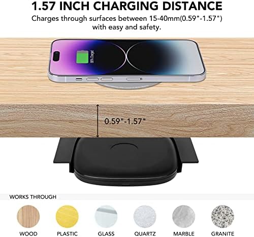 1,57 Невидливиот безжичен полнач на Niitter, под безжичен полнач за биро, под Counter безжично полнење за iPhone 14/13/12/Samsung Galaxy S23/S22/S21