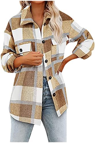 Womenените плус големина, палто за кошула со обична туника, пријатна дневна волна мешавина карирана палто за блузи мода тартан шекет keак