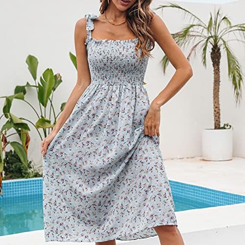 Tickoyенски летен фустан летен фустан без ракав со кратки ракави V вратот макси фустан цврста боја лабава вклопена цветна печатена