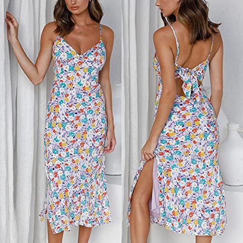 Фустан од шпагети со каиш за жени со цветни печати летни фустани секси без ракави занаети без ракави фустани за камиони