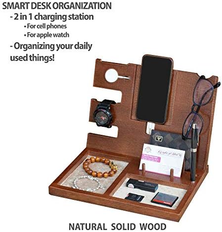 Докинг станица Nhatvywood Wood Телефон на бирото - Организатор за ноќни часови за мажи, станица за полнење телефон и часовник - Менти