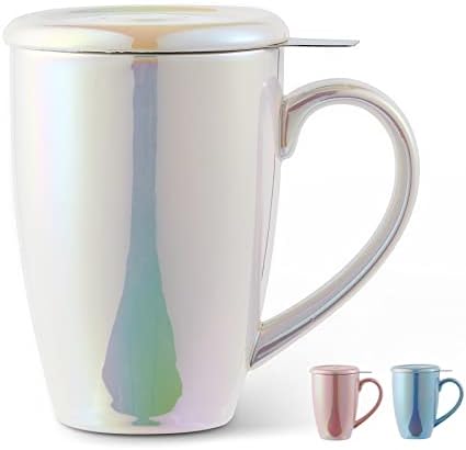 Jemirry порцелански чај чај со лабав инфузер на лисја и керамички капак, чаши чај за чај со држач за чај, чај чаша за чај/кафе/млеко со кутија за подароци, бело