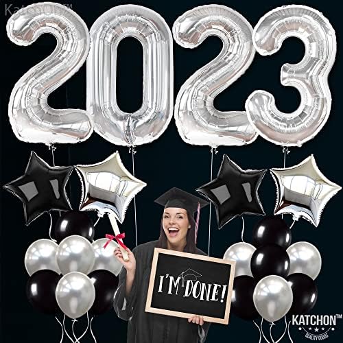 Katchon, црно -бело украси за дипломирање - пакет од 22 | Гигант 40 инчи, сребро 2023 балони број, балони со црна и сребрена starвезда