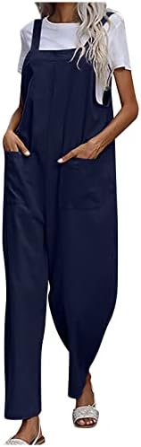 Ruziyoog женски обични лабави долги панталони со широки памучни постелнини широки нозе спомби со цврста боја ромпери со комбинезони со два џебови