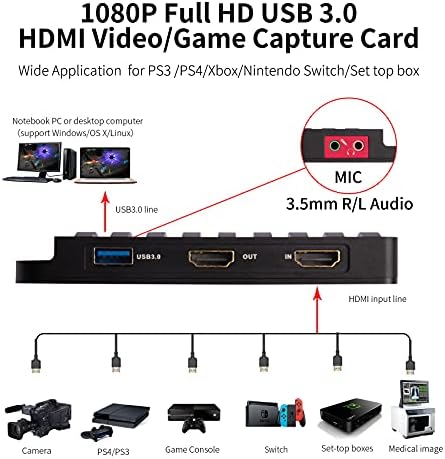 Capture Card, USB3.0 HDMI игра за видео за фаќање картичка 4K 30FPS, HD 1920x1080p 60FPS, со MIC влез и HDMI Passhrawh за PS3/ PS4 Xbox