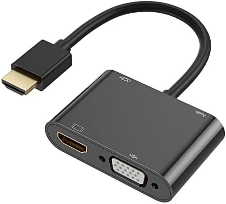 HDMI до VGA HDMI адаптер, двоен приказ 4K HDMI до HDMI VGA Splitter Converter со кабел за полнење и 3,5 mm аудио кабел за монитор компјутер, лаптоп, ултрабук, малина Пи, Chromebook и повеќе