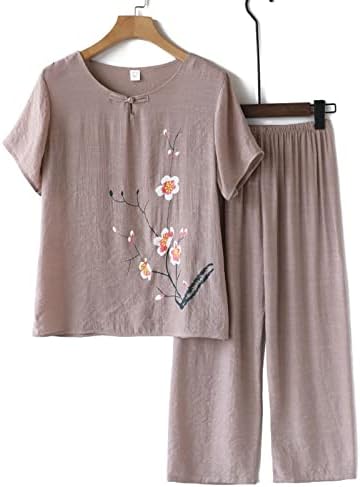 Облека од 2 парчиња за жени плус големина лето лето-обична маица со краток ракав и панталони поставува постари жени лабави сетови за