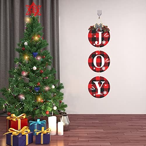 Божиќна декорација радосен венец, биволи провери кариран знак за висина за влезна врата, рустикален бурлап дрвени Божиќни украси за домашен