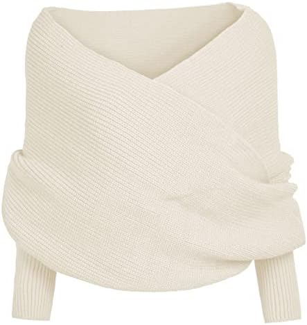 Џемпер шал за жени обични v врат џемпери со долги ракави, вкрстено обвивка пред рамото плетени култури пулвер