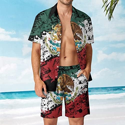 Weedkeycat мексиканско американско знаме машка облека за плажа 2 парчиња Хавајско копче надолу со кошула Краток ракав и шорцеви