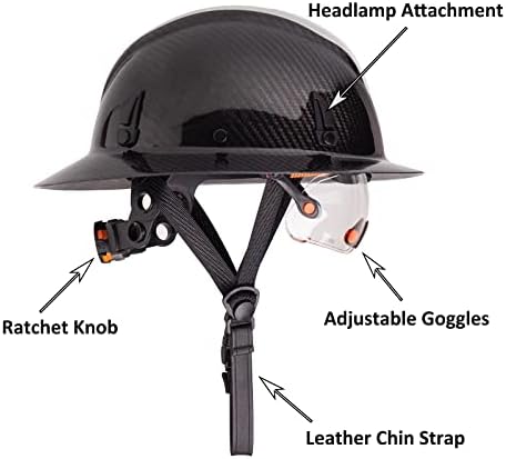 Алакати, тврда капа на јаглеродни влакна Целосна облога со очила- безбедносен шлем со суспензија за прилагодување на 6 точки- ANSI Z89.1 во согласност