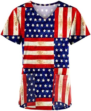 4 -ти јули 2023 година SCRUB_TOPS FOR WOMENS AMERICAN FLAG SLAGE PRINT TITH V ВРАТНА КРАТКО РАБОТНИ РАБОТНИ РАБОТНИ РАБОТНИ РАБОТНИЦИ