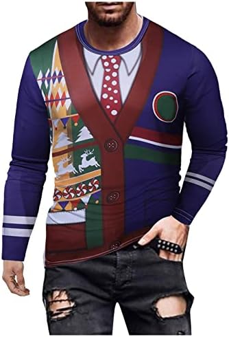 Mekouiye грда Божиќен џемпер за мажи Санта екипаж вратот со долги ракави Божиќни кошули Божиќ Дедо Мраз печатена забава