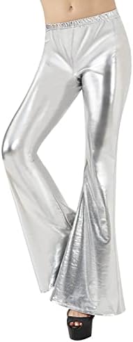 Женски sequins кожни пантолони од пламен bellвоно дното, жени со висока половината широка нозе палацо панталона, разгорени панталони панталони