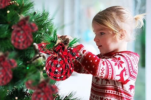 9 парчиња божиќни украси со топка карирани црни црвени црвени биволи карирани ткаенини топчести украси со борови конуси и зеленило