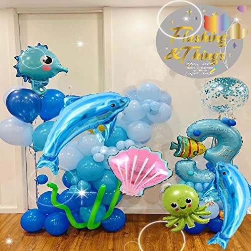 Океан тематските роденден декорација партија материјали, вклучувајќи роденден банери, океанот сини балон венци, погоден за базен партии и плажа партии.