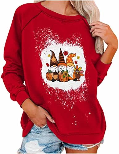 Ruziyoog Среќен пад и е изветвена џемпер за жени Денот на благодарноста Симпатична гноми печатени врвови, обични џемпери со долги ракави