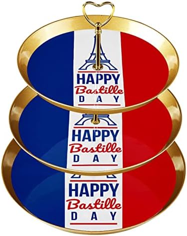 Дисплеј за Пециво со 3 Нивоа Тркалезна Послужавник, Среќен Ден На Бастилја Франција Знаме Кула Кула Дрво Носителот, Десерт Пециво Штанд