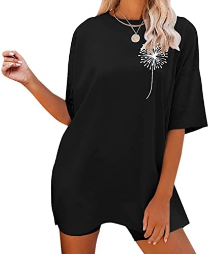 Преголема женска маица, симпатична графичка печатење тркалезна вратот со кратки ракави, смешни кошули за вежбање за жени