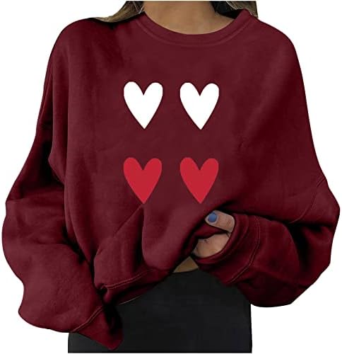 Преголема кошула за ден на в Valentубените за жени со долги ракави екипаж за џемпери момче блуза симпатична срцева печатена туника врвови