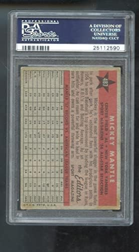 1958 Топпс 487 Мики Мантл Ол-стар како ПСА 3 оценета бејзбол картичка МЛБ Јанкис