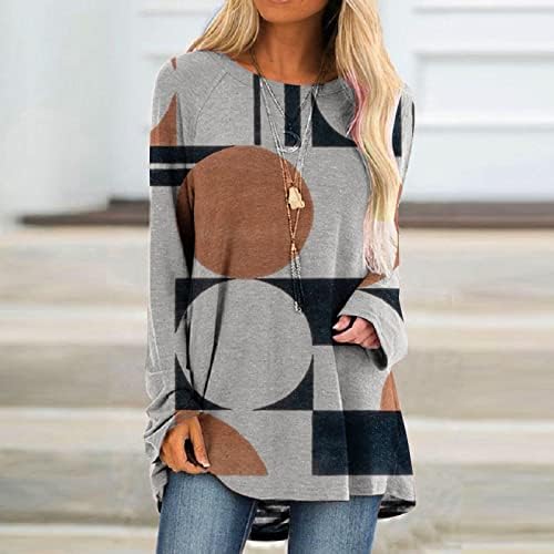 Жени Блузи Мода 2023 Обична Геометрија Печатени Врвови За Излегување Со Долг Ракав Пуловер Со Кружен Врат Секојдневни Облечени Блузи