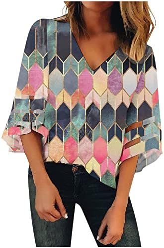 Дами 3/4 ракав 2023 V вратот Графички печатење цветна меша крпеница блуза маичка есен лето за тинејџери за тинејџери 5t