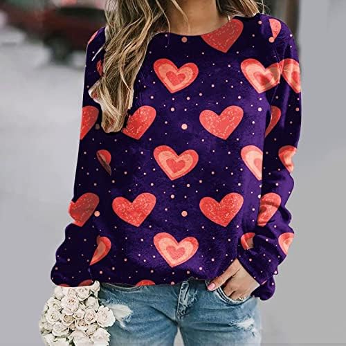 Валентин кошули за жени со долги ракави екипаж џемпери духови за печатење на срце, симпатична празничка пушка блуза