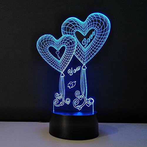 2 loveубовни срца 3Д визуелен ефект 7 бои Промени USB LED ноќно светло биро за табели за декорација на подароци на момчињата loveубовни