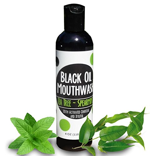 Црно масло миење на устата за влечење на масло w/моќен ксилитол и активиран јаглен, сладок чајно дрво и вкус на копја, 16 мл.