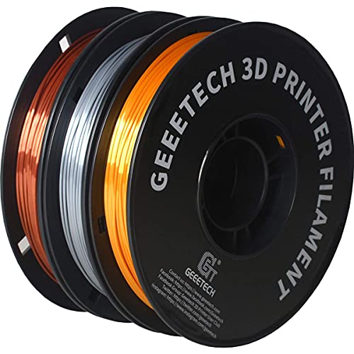 Geeetch Bundle Silk Pla Filament 1.75mm за 3D печатач, метал-како сјаен потрошен, пакет од 3 лажици, 0,5 кг/количка, димензионална точност +/- 0,03 мм, метална сребро+бакар+злато